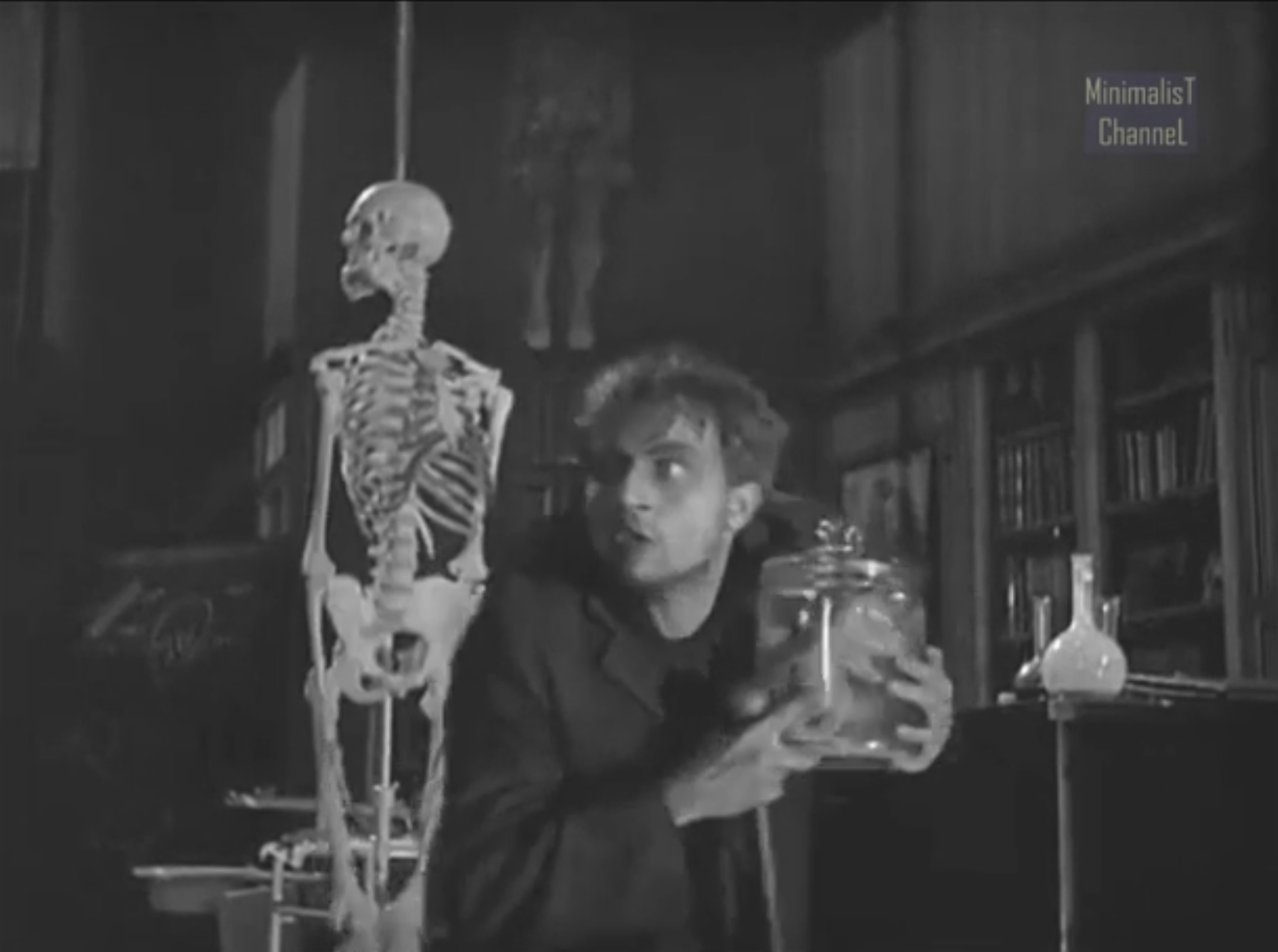A figure in a laboratory beside a skeleton, referencing the Frankenstein "animation" scene