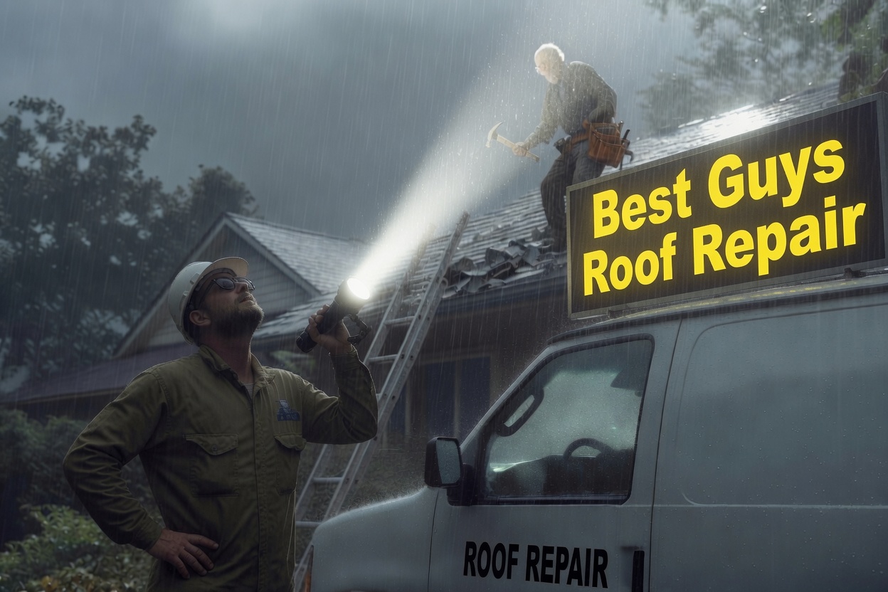 A homeowner repairs his own roof in the rain while a professional roofer stands ready below