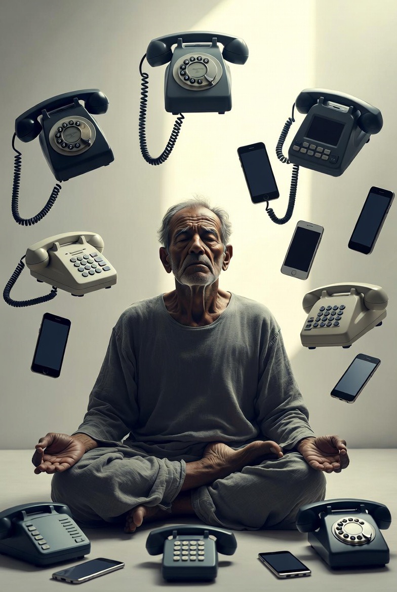 Older man meditating surrounded by phones