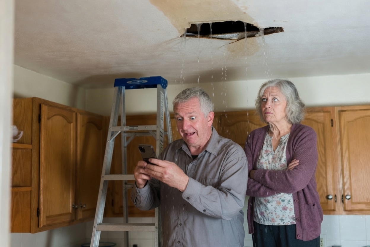 An older couple in their kitchen as water pours through a hole in the ceiling