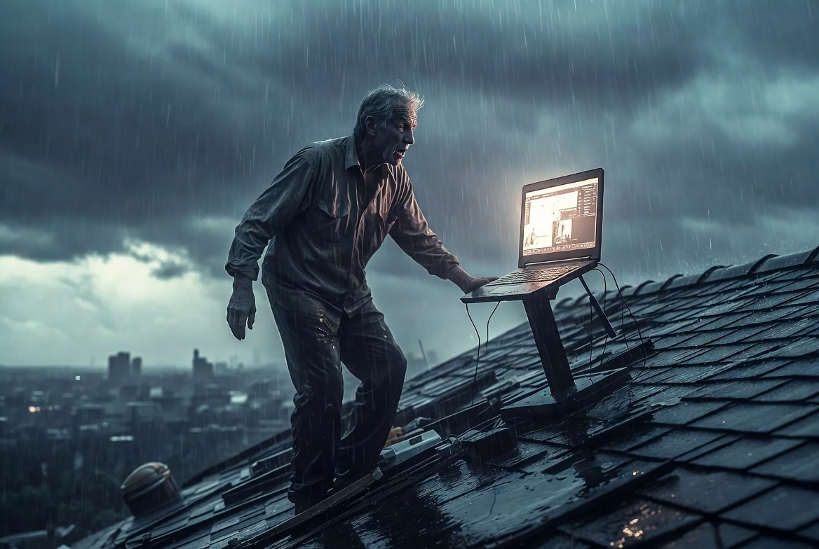 An older man on a rain-soaked rooftop at dusk, peering at a glowing laptop