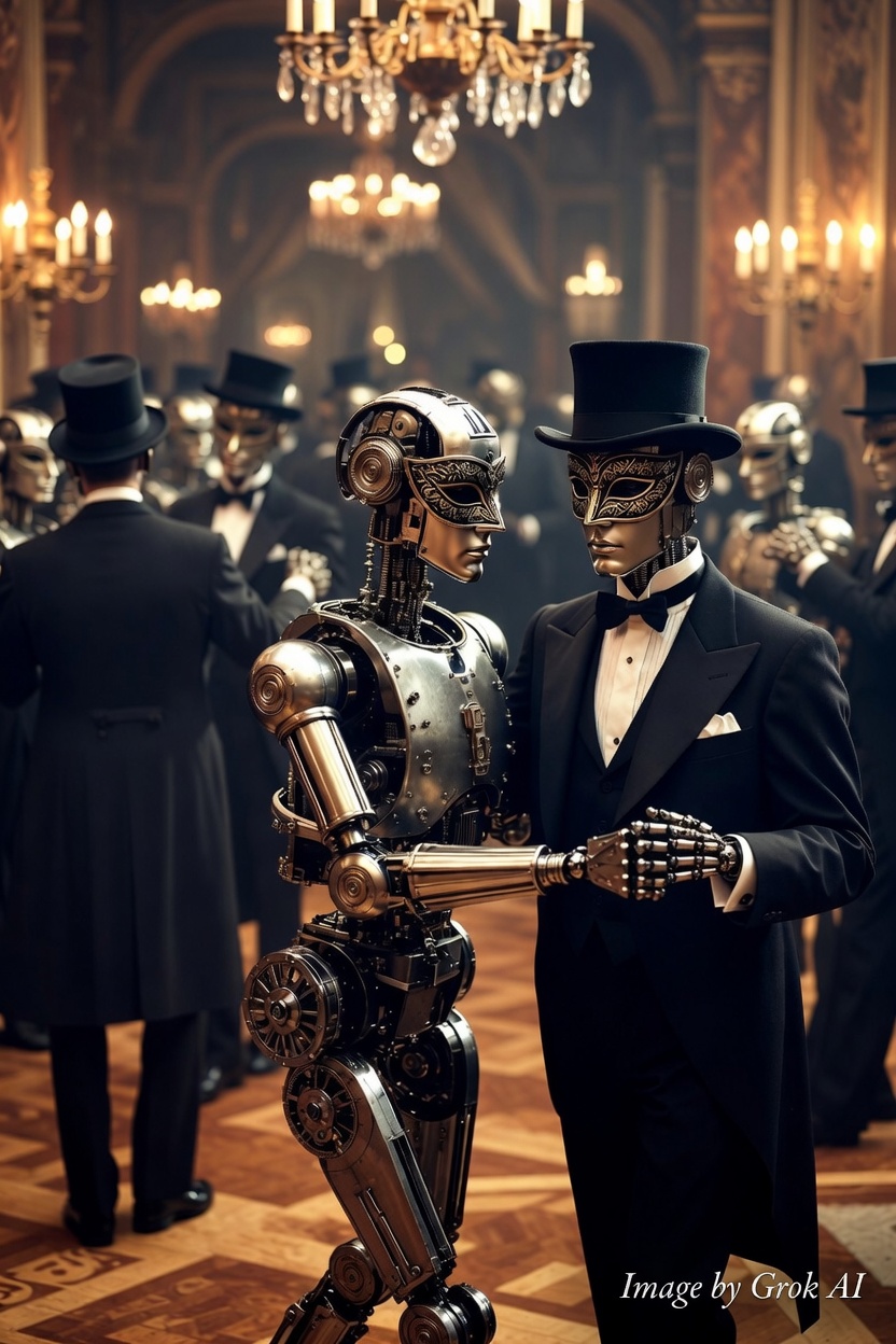 masked robots dancing in victorian dress