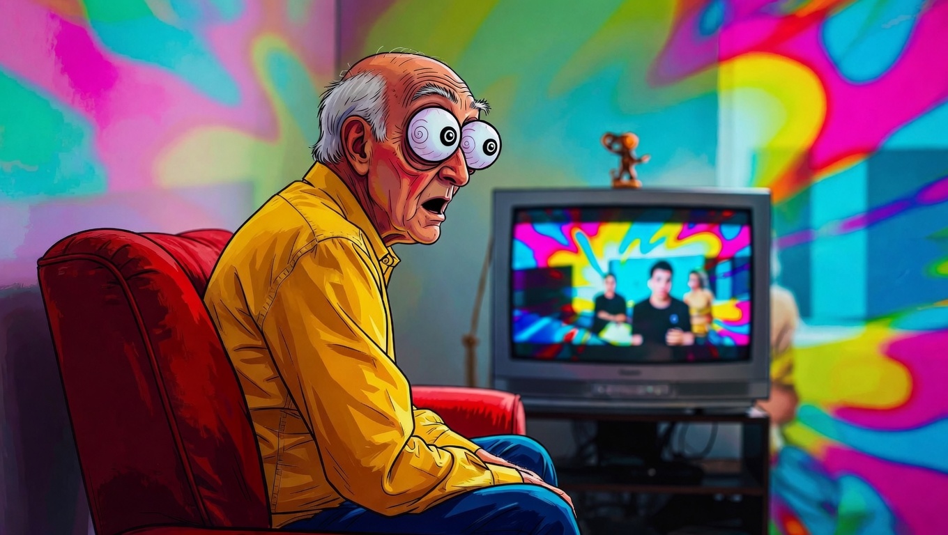 A cartoon older man with silly eyes